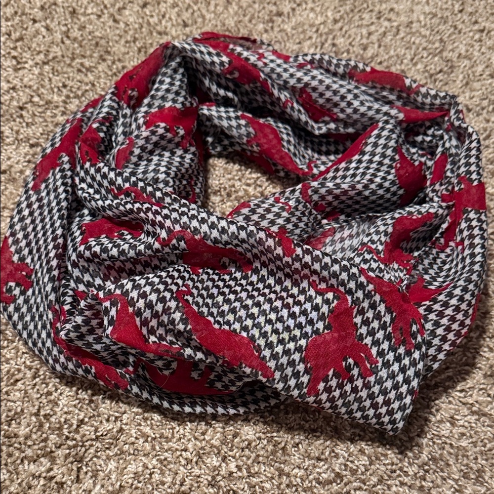 Red and Black Houndstooth Infinity Scarf w/red elephants - EUC!